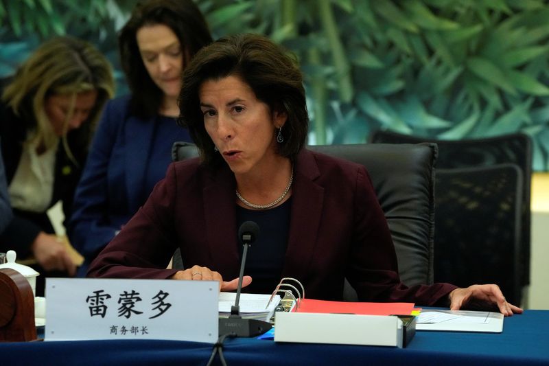 &copy; Reuters. U.S. Commerce Secretary Gina Raimondo speaks during a meeting with her Chinese counterpart Wang Wentao, at the Ministry of Commerce in Beijing, Monday, Aug. 28, 2023.     Andy Wong/Pool via REUTERS