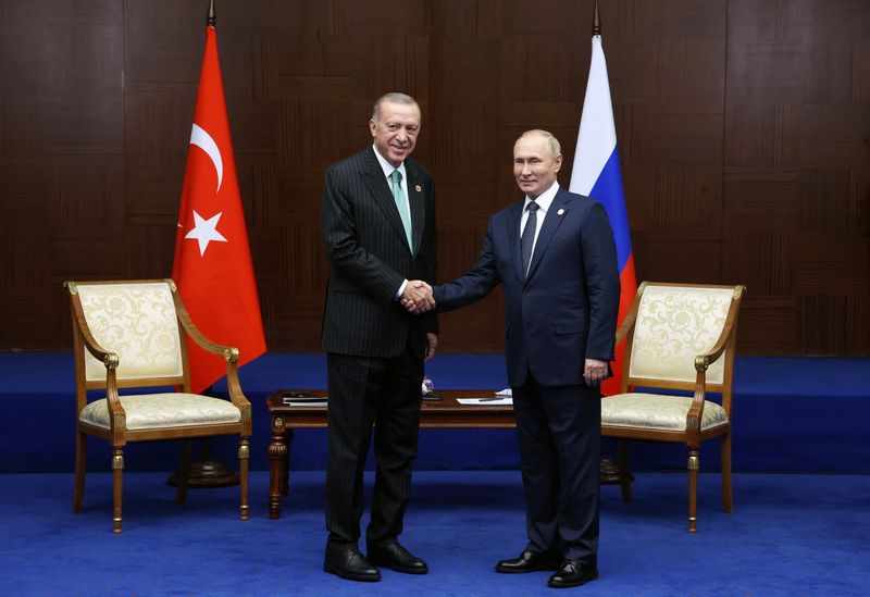 © Reuters. Russia's President Vladimir Putin and Turkey's President Tayyip Erdogan meet on the sidelines of the 6th summit of the Conference on Interaction and Confidence-building Measures in Asia (CICA), in Astana, Kazakhstan October 13, 2022.   Sputnik/Vyacheslav Prokofyev/Pool via REUTERS 