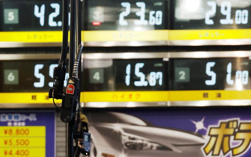 © Reuters. FILE PHOTO: Gasoline fuel guns are pictured in front of fuel boards at a gasoline station in Tokyo, Japan September 20, 2022. REUTERS/Kim Kyung-Hoon/File Photo