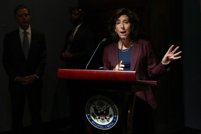 &copy; Reuters. FILE PHOTO: U.S. Commerce Secretary Gina Raimondo delivers her speech at a reception with U.S. Industry and Chinese Government Officials hosted by U.S. Ambassador to China Nick Burns, in Beijing, China, August 28, 2023.      Andy Wong/Pool via REUTERS/Fil