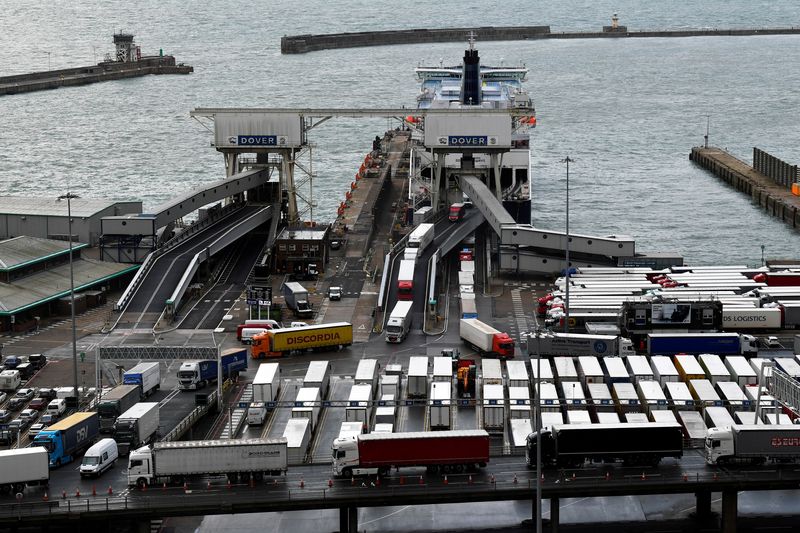 &copy; Reuters. FILE PHOTO: Lorries disembark from a cross channel ferry at the Port of Dover, in Dover, Britain September 24, 2020. REUTERS/Toby Melville/File Photo