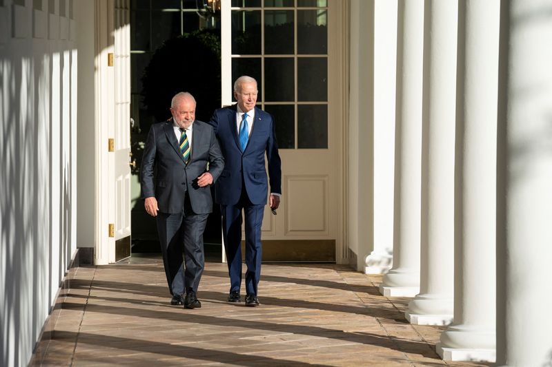 &copy; Reuters. President of Brazil Luiz Inacio Lula da Silva and President Joe Biden walk along the West Colonnade to the Oval Office at the White House in Washington, U.S. February 10, 2023. Sarah Silbiger/Pool via REUTERS/File photo