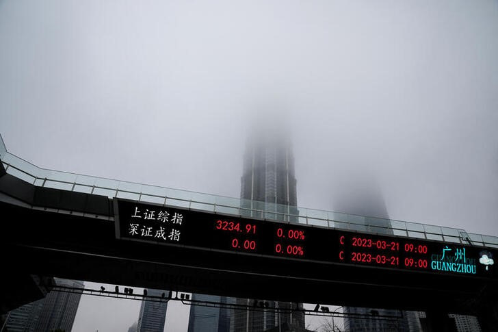 &copy; Reuters. Una pantalla electrónica muestra índices bursátiles en el distrito financiero de Lujiazui, en Shanghái, China. 21 marzo 2023. REUTERS/Aly Song