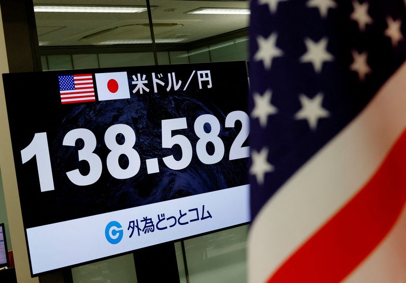 &copy; Reuters. Una bandiera Usa vicino ad un monitor che mostra il tasso di cambio tra yen e dollaro a Tokyo. 28 luglio 2023 REUTERS/Kim Kyung-Hoon/File Photo