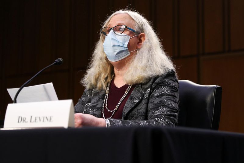 &copy; Reuters. FILE PHOTO-Rachel Levine, nominated to be an assistant secretary at the Department of Health and Human Services, testifies during a Senate Health, Education, Labor, and Pensions Committee hearing on Capitol Hill in Washington, U.S., February 24, 2021. REU