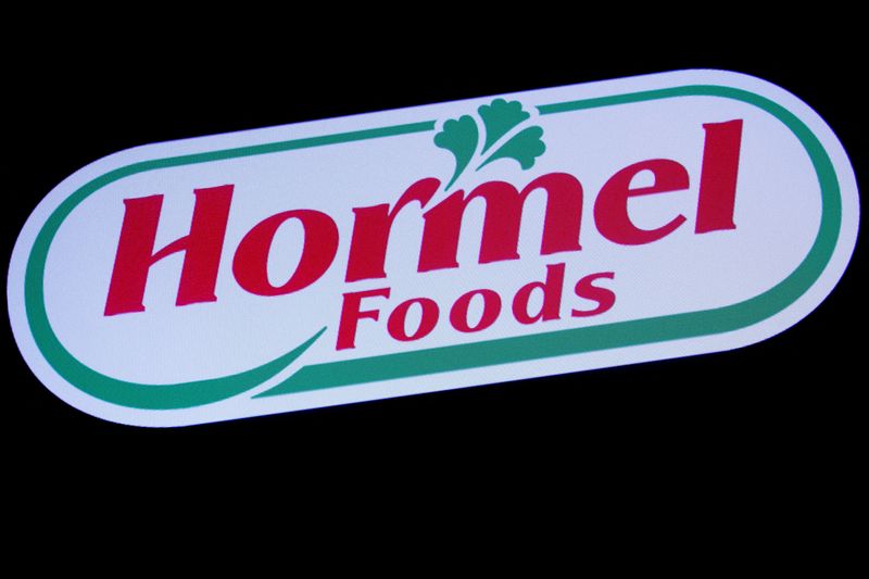 &copy; Reuters. FILE PHOTO: The company logo for Hormel Foods is displayed on a screen on the floor at the New York Stock Exchange (NYSE) in New York, U.S., October 9, 2019. REUTERS/Brendan McDermid/File Photo