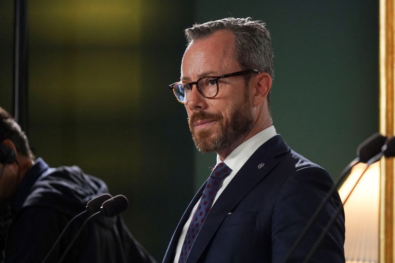 © Reuters. Danish Economy Minister Jakob Ellemann-Jensen speaks during a news conference in the Finance Ministry in Copenhagen, Denmark, August 31, 2023. REUTERS/Tom Little