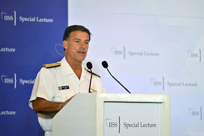 &copy; Reuters. FILE PHOTO: Admiral John C. Aquilino, Commander of the United States Indo-Pacific Command speaks at the IISS Special Lecture in Singapore March 16, 2023. REUTERS/Caroline Chia/File Photo