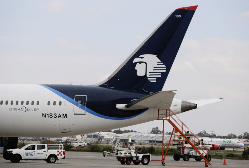 &copy; Reuters. FILE PHOTO: The logo of Mexican airline Aeromexico is pictured on a plane's tail at the hangars of the airline in the Benito Juarez International airport in Mexico City, Mexico June 28,2022  REUTERS/Luis Cortes/File Photo