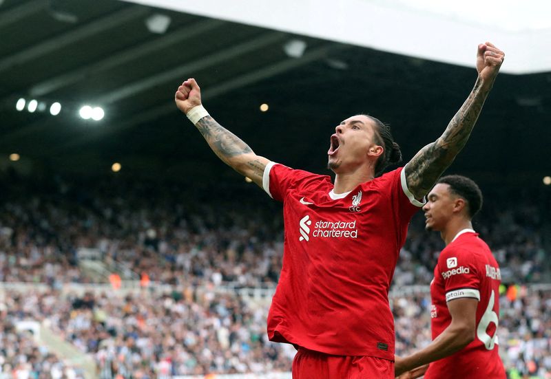 &copy; Reuters. Darwin Núñez comemora gol do Liverpool
 27/8/2023    REUTERS/Scott Heppell 