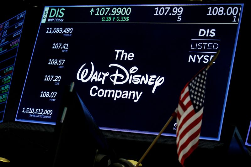 © Reuters. A screen shows the logo and a ticker symbol for The Walt Disney Company on the floor of the New York Stock Exchange (NYSE) in New York, U.S., December 14, 2017. REUTERS/Brendan McDermid