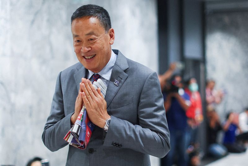 &copy; Reuters. FILE PHOTO: Pheu Thai's Srettha Thavisin gestures at the party headquarters before a royal endorsement ceremony after Thailand's parliament voted in favour of his prime ministerial candidacy, in Bangkok, Thailand August 23, 2023. REUTERS/Athit Perawongmet