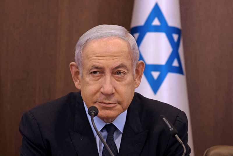 &copy; Reuters. رئيس الوزراء الإسرائيلي بنيامين نتنياهو يرأس اجتماع الحكومة الأسبوعي في القدس يوم 27 أغسطس آب 2023. صورة لرويترز من ممثل لوكالات الأنباء.