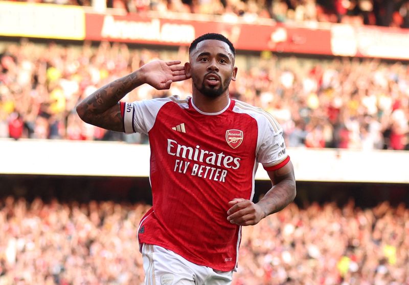 &copy; Reuters. Gabriel Jesus comemora gol marcado durante partida do Arsenal contra o Manchester United pelo Campeonato Inglês
03/09/2023 REUTERS/David Klein