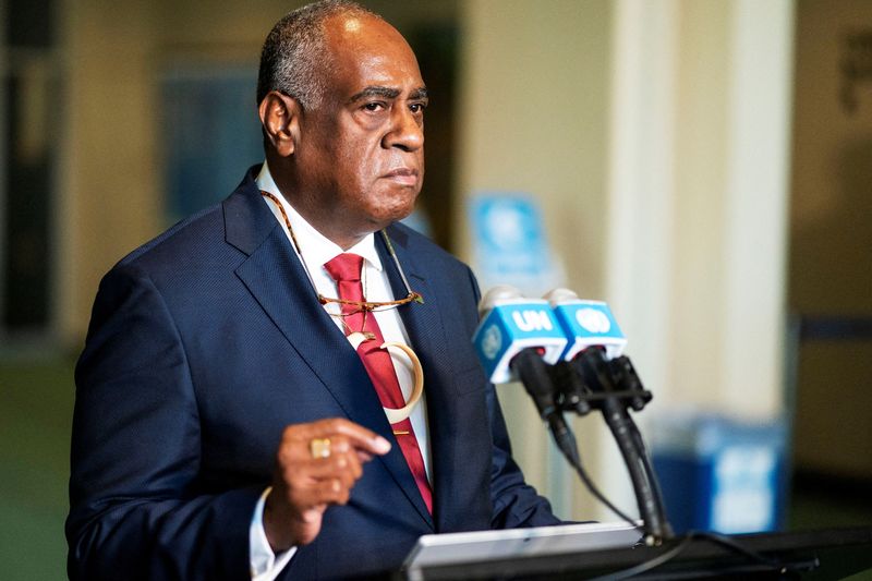 &copy; Reuters. FILE PHOTO: Vanuatu Prime Minister Ishmael Kalsakau speaks during a U.N. General Assembly session at United Nations headquarters in New York Cityk City, U.S., March 29, 2023. REUTERS/Eduardo Munoz/File Photo