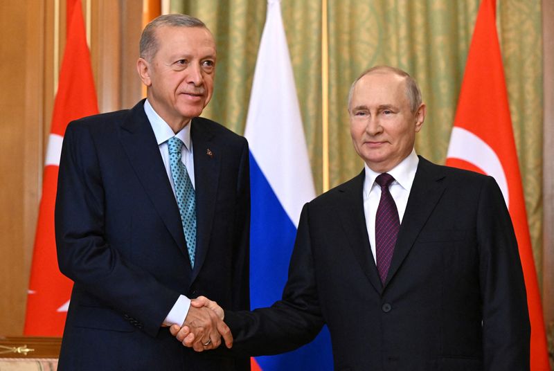 © Reuters. Russian President Vladimir Putin shakes hands with Turkish President Tayyip Erdogan during a meeting in Sochi, Russia, September 4, 2023. Sputnik/Sergei Guneev/Pool via REUTERS