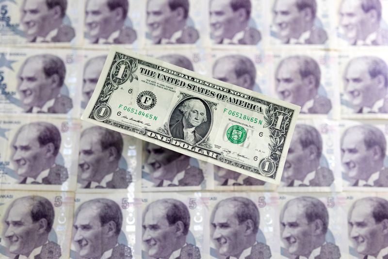 &copy; Reuters. FILE PHOTO: U.S. dollar banknote is placed on Turkish Lira banknotes in this illustration taken May 30, 2022. REUTERS/Dado Ruvic/Illustration/File Photo