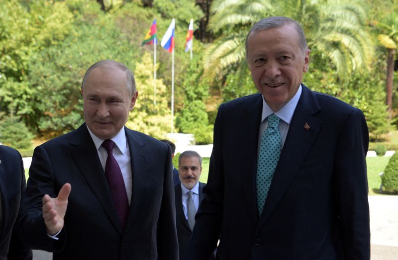 &copy; Reuters. الرئيس الروسي فلاديمير بوتين يرحب بالرئيس التركي رجب طيب أردوغان خلال 
اجتماعهما بمنتجع سوتشي الروسي يوم الاثنين . صورة لرويترز من وكالة سب