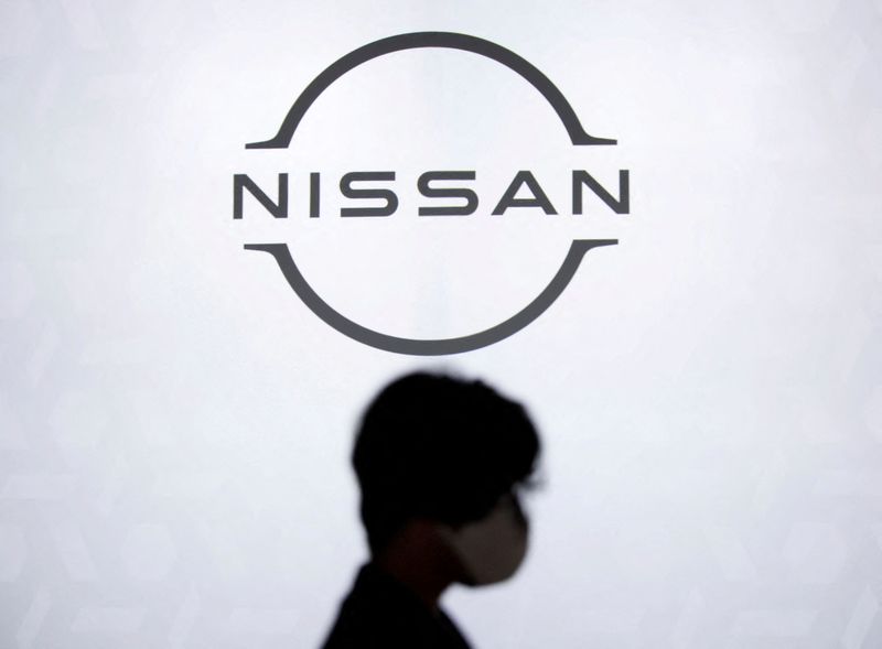 &copy; Reuters. FILE PHOTO: The brand logo of Nissan Motor Corp. is displayed during a press preview of the company's new Ariya all-battery SUV, ahead of the world premiere, at Nissan Pavilion in Yokohama, south of Tokyo, Japan July 14, 2020.   REUTERS/Issei Kato/File Ph