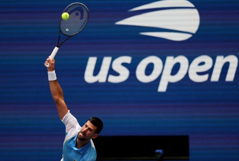 &copy; Reuters. Novak Djokovic, da Sérvia, durante partida contra o norte-americano Taylor Fritz no Aberto dos EUA
5/9/2023 REUTERS/Brendan Mcdermid