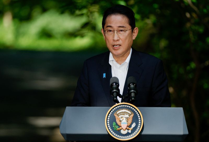 &copy; Reuters. Japanese Prime Minister Fumio Kishida speaks during a joint press conference with U.S. President Joe Biden and South Korean President Yoon Suk Yeol (not pictured) during the trilateral summit at Camp David near Thurmont, Maryland, U.S., August 18, 2023. R