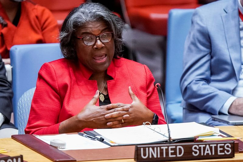 &copy; Reuters. ليندا توماس جرينفيلد المبعوثة الأمريكية لدى الأمم المتحدة تتحدث خلال اجتماع لمجلس الأمن التابع للأمم المتحدة في نيويورك يوم 27 أكتوبر تشرين