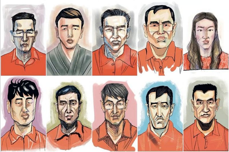&copy; Reuters. A court illustration of 10 foreigners accused of involvement in a August 2023 major money laundering operation in Singapore (clockwise from top left) Su Baolin, Su Haijin, Chen Qingyuan, Su Wenqiang, Lin Baoying, Zhang Ruijin, Wang Dehai, Su Jianfeng, Van
