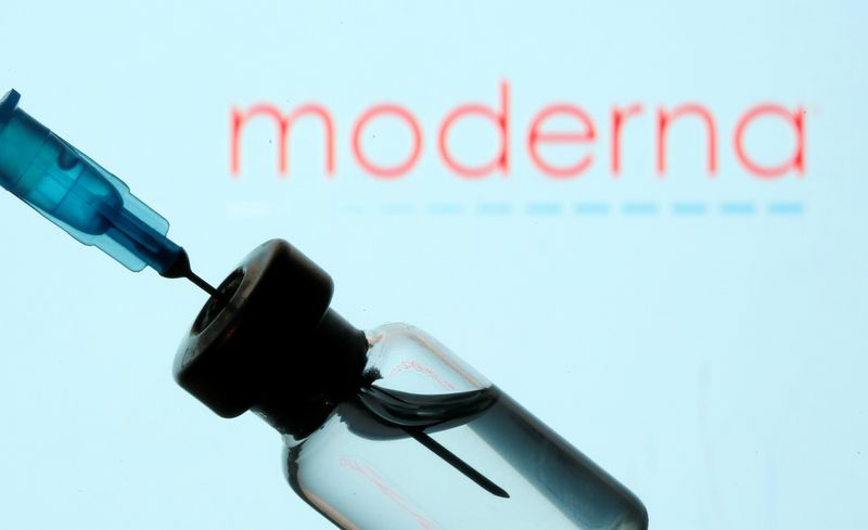 © Reuters. FILE PHOTO: A vial and sryinge are seen in front of a displayed Moderna logo in this illustration taken January 11, 2021. REUTERS/Dado Ruvic/Illustration/File Photo