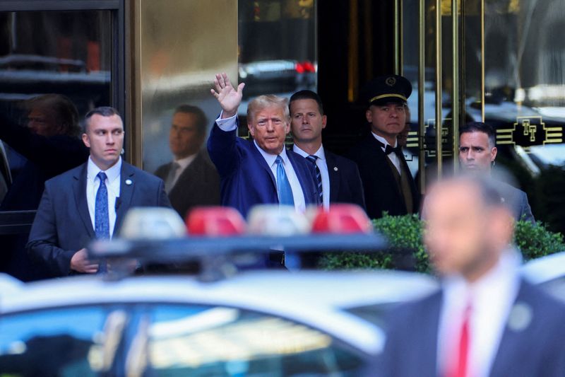 &copy; Reuters. FILE PHOTO: Former U.S. President Donald Trump departs from Trump Tower to give a deposition to New York Attorney General Letitia James who sued Trump and his Trump Organization, in New York City, U.S., April 13, 2023. REUTERS/Mike Segar/File Photo