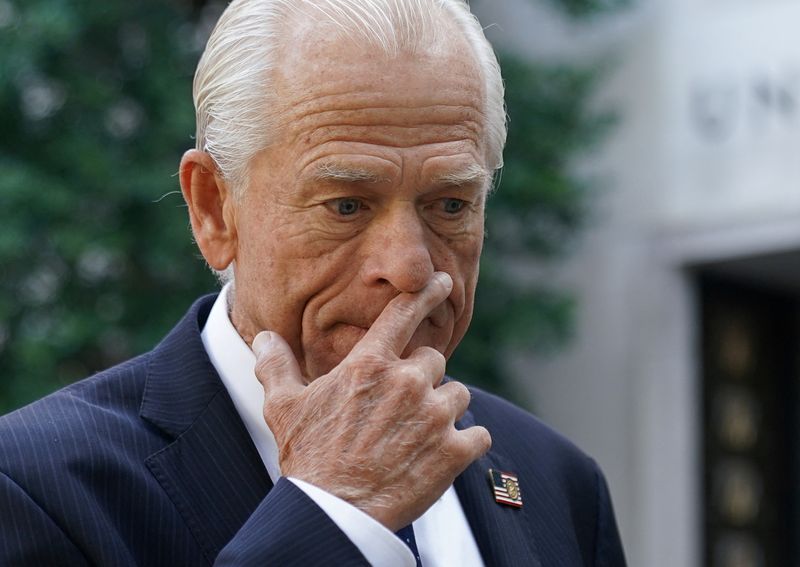 &copy; Reuters. Peter Navarro, adviser to former U.S. President Donald Trump, stops to speak as he arrives for opening arguments in his trial on contempt of Congress charges for refusing to cooperate with the House of Representatives committee investigating the January 6