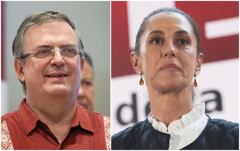 &copy; Reuters. A combination picture shows Mexican Foreign Minister Marcelo Ebrard (L) during the announcement of aspiring candidates for MORENA party's 2024 presidential candidacy, in Mexico City, Mexico June 11, 2023, and former Mexico City Mayor Claudia Sheinbaum dur