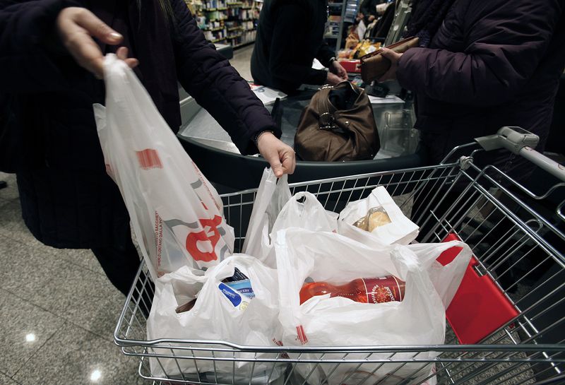 &copy; Reuters. Customers place their plastic shopping bags in a trolley after shopping in a supermarket in Rome December 29, 2010. REUTERS/Alessia Pierdomenico/File photo