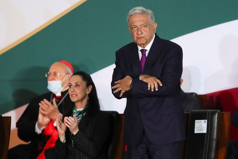 &copy; Reuters. Mexico's President Andres Manuel Lopez Obrador and Mexico City Mayor Claudia Sheinbaum attend an event to commemorate the 200th Anniversary of the Consummation of the Independence of Mexico outside the National Palace, in Mexico City, Mexico, September 27