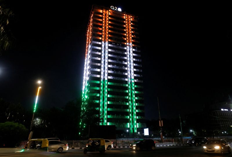 &copy; Reuters. Prédio do governo é iluminado com as cores da bandeira da Índia antes da cúpula do G20
07/09/2023
REUTERS/Amit Dave