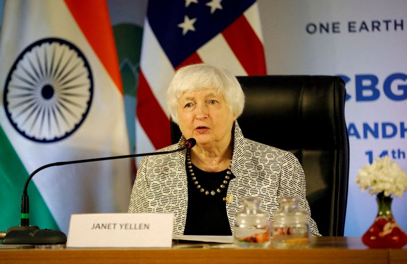 &copy; Reuters. FILE PHOTO: U.S. Treasury Secretary Janet Yellen addresses the media, along with Indian Finance Minister Nirmala Sitharaman, on the sidelines of a G20 meeting at Gandhinagar, India, July 17, 2023. REUTERS/Amit Dave/File Photo