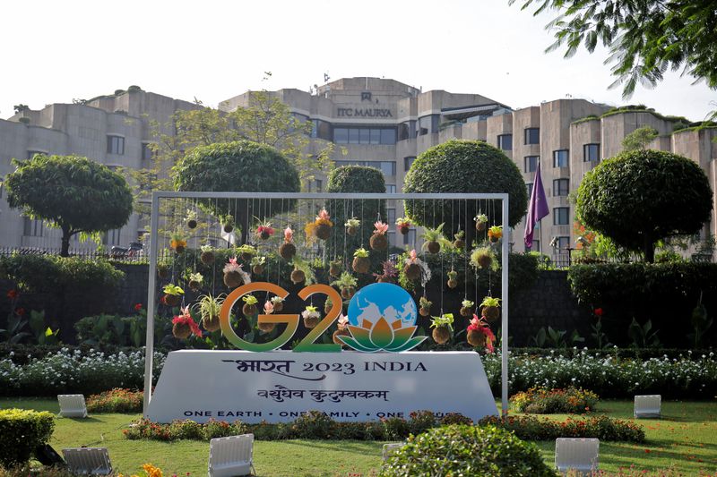 &copy; Reuters. A model of G20 is pictured outside ITC Maurya hotel ahead of the G20 Summit in New Delhi, India, September 8, 2023. REUTERS/Amit Dave