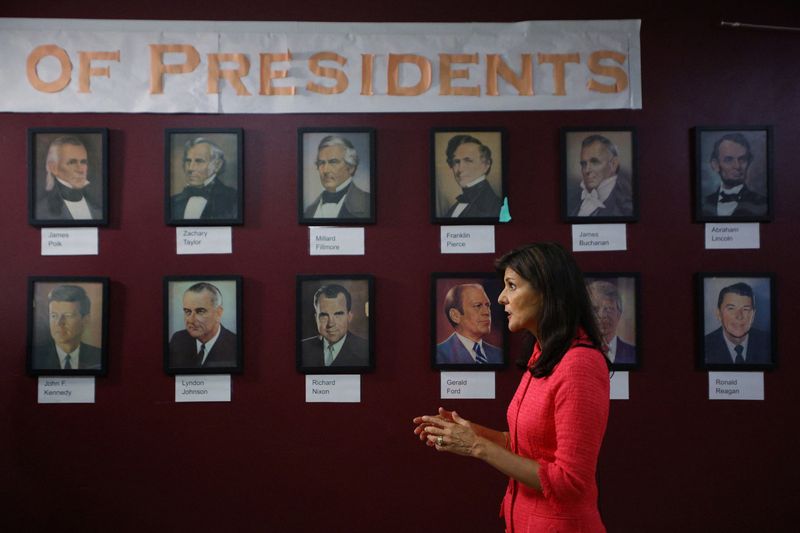 &copy; Reuters. Republican presidential candidate and former U.S. Ambassador to the United Nations Nikki Haley is interviewed by Reuters in front of portraits of past U.S. Presidents before a Moms for Liberty campaign town hall event at the Founders Academy charter schoo