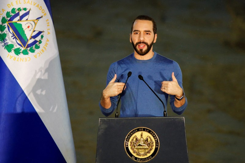 &copy; Reuters. FILE PHOTO: El Salvador's President Nayib Bukele speaks during a ceremony to lay the first stone of a new public hospital, in San Salvador, El Salvador June 15, 2023. REUTERS/Jose Cabezas/