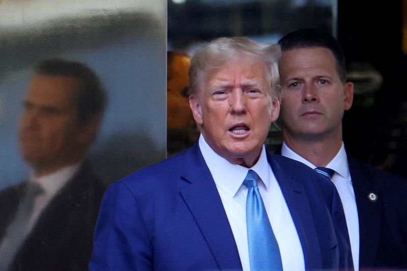 &copy; Reuters. FILE PHOTO: Former U.S. President Donald Trump departs from Trump Tower to give a deposition to New York Attorney General Letitia James who sued Trump and his Trump Organization, in New York City, U.S., April 13, 2023. REUTERS/Mike Segar/File Photo