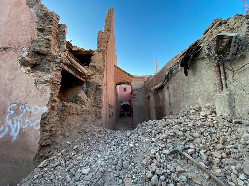 &copy; Reuters. Photo d'une vue générale des dégâts dans la ville historique de Marrakech, à la suite d'un puissant tremblement de terre au Maroc. /Photo prise le 9 septembre 2023 à Marrakech, Maroc/REUTERS/Abdelhak Balhaki 