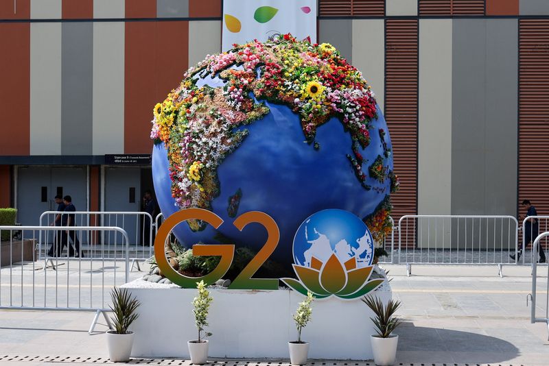 &copy; Reuters. شعار مجموعة العشرين يظهر قبيل انطلاق قمتها في نيودلهي يوم السبت. تصوير: أنوشري فادنافيس - رويترز 