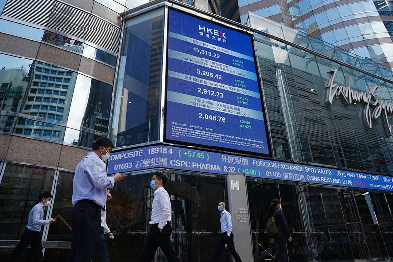 &copy; Reuters. FILE PHOTO-People walk past a screen displaying the Hang Seng stock index at Central district, in Hong Kong, China October 25, 2022. REUTERS/Lam Yik/File Photo