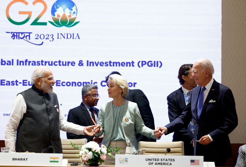 &copy; Reuters. FILE PHOTO: U.S. President Joe Biden, Indian Prime Minister Narendra Modi  and President of the European Union Ursula von der Leyen attend  the G20 summit in New Delhi, India, September 9, 2023. REUTERS/Evelyn Hockstein/Pool/File Photo