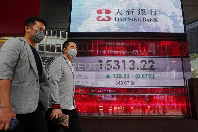 &copy; Reuters. Telão mostra cotação do índice acionário Hang Seng em Hong Kong
25/10/2022. REUTERS/Lam Yik/File Photo