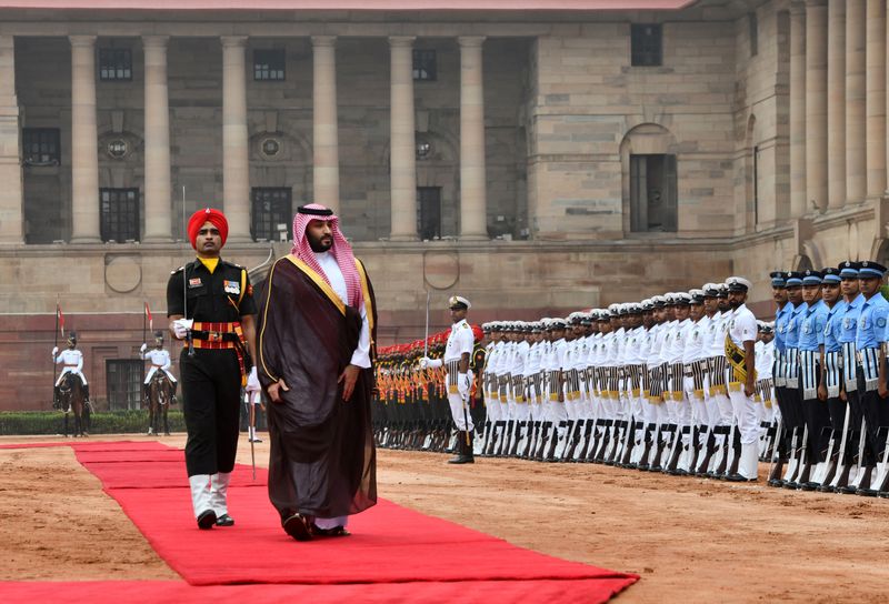 &copy; Reuters. Príncipe herdeiro da Arábia Saudita, Mohammed bin Salman, participa de recepção cerimonial em Nova Délhi, Índia
11/9/2023 REUTERS/Stringer