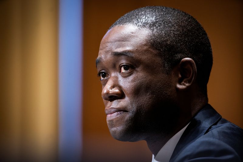 &copy; Reuters. FILE PHOTO: Economist Adewale "Wally" Adeyemo testifies before the Senate Finance Committee during his confirmation hearing to be Deputy Secretary of the Treasury in the Dirksen Senate Office Building, in Washington, D.C., U.S., February 23, 2021. Jim Lo 