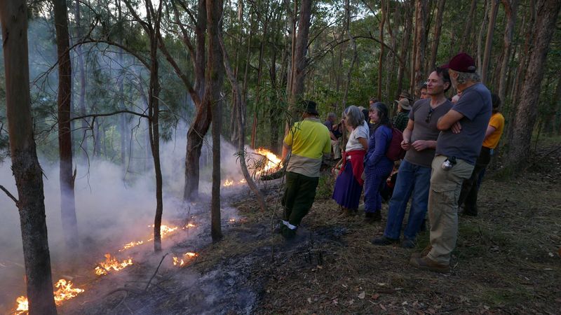 © Reuters. Residents of Billen Cliffs observe Cultural fire taught by Jagun Alliance Aboriginal Corporation, in Billen Cliffs, Australia, August 1, 2023. REUTERS/Jill Gralow