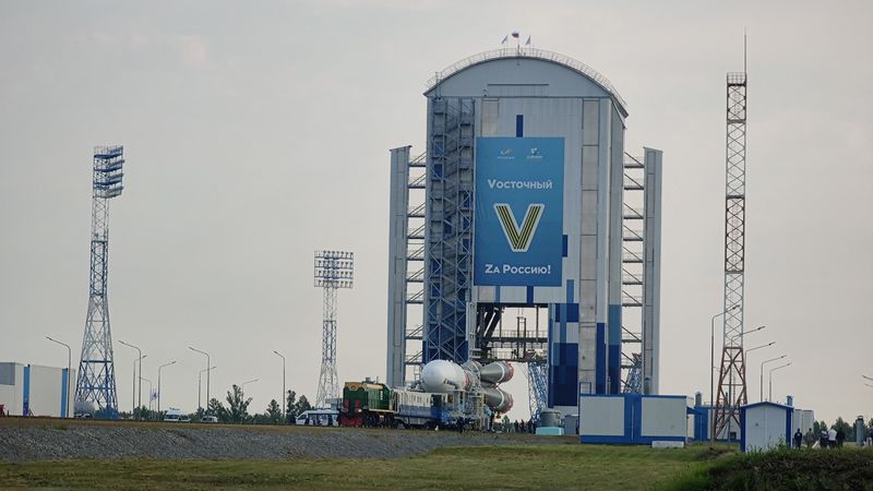 &copy; Reuters. The Soyuz-2.1b rocket booster with the lunar landing spacecraft Luna-25 is rolled out onto the launchpad ahead of its upcoming launch at the Vostochny Cosmodrome in the Amur region, Russia, August 8, 2023. The banner reads: "Vostochny for Russia!" Roscosm