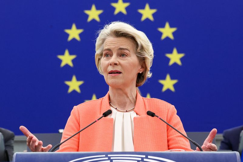 &copy; Reuters. European Commission President Ursula von der Leyen delivers the State of the European Union address to the European Parliament, in Strasbourg, France, September 13, 2023. REUTERS/Yves Herman