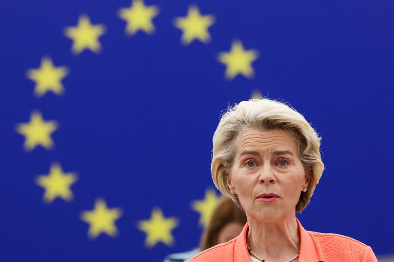 &copy; Reuters. La presidente della Commissione europea Ursula von der Leyen nel discorso sullo stato dell'Unione europea al Parlamento europeo, Strasburgo, Francia, 13 settembre 2023. REUTERS/Yves Herman